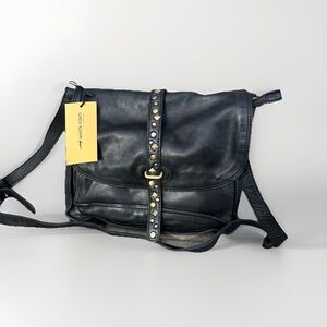 NEW Marta Ponti Portugal Black Leather Corssbody Flap Purse with golden Studs